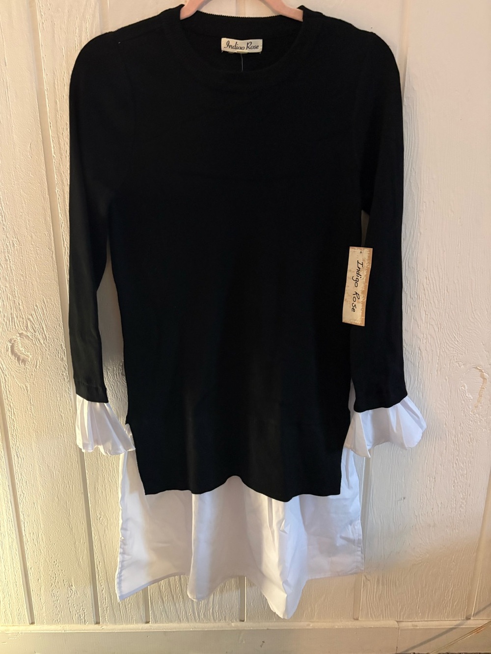 Black Long-Sleeve Dress with White Ruffle Hem
